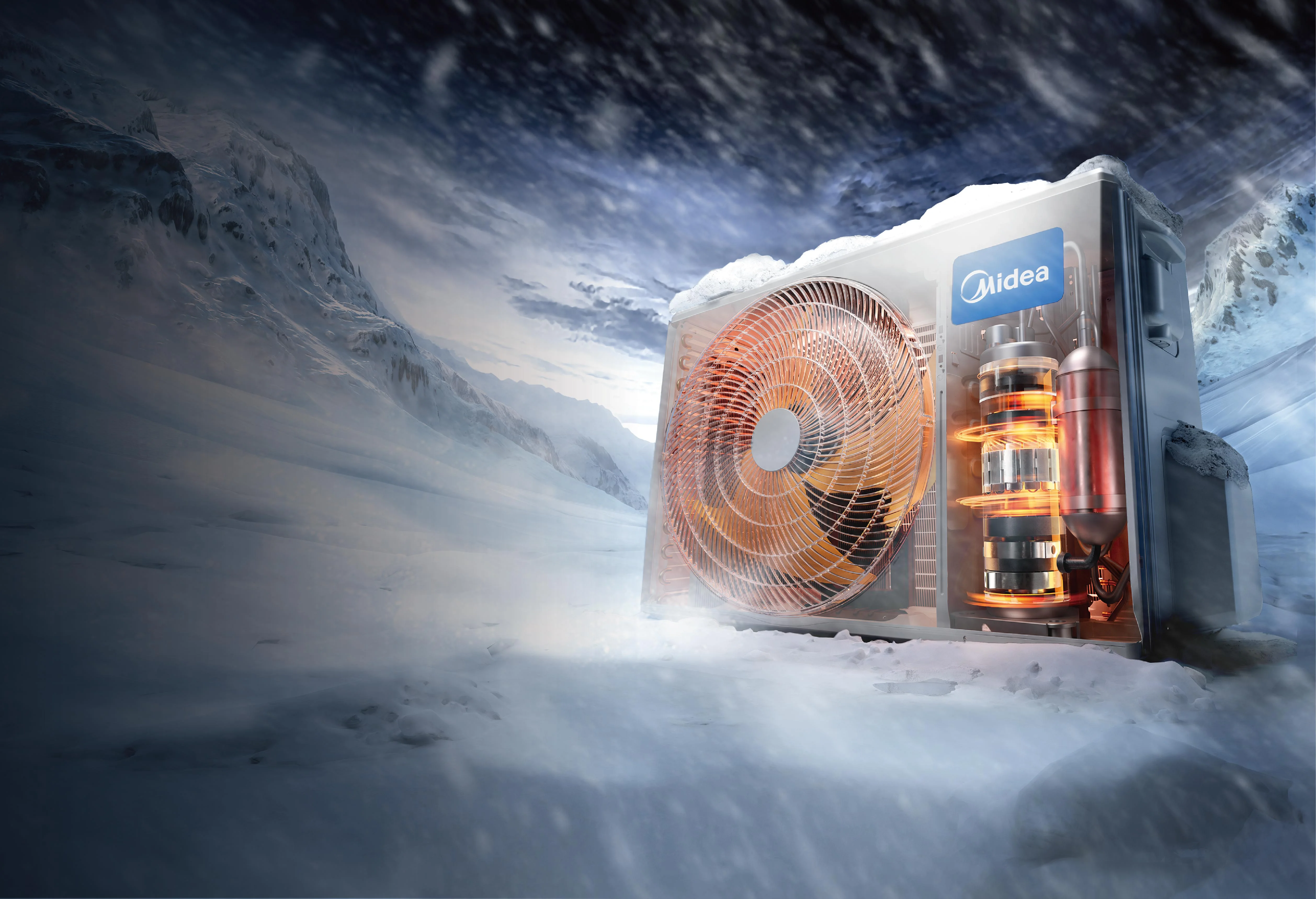 Midea air conditioning system in a snowy mountain landscape
